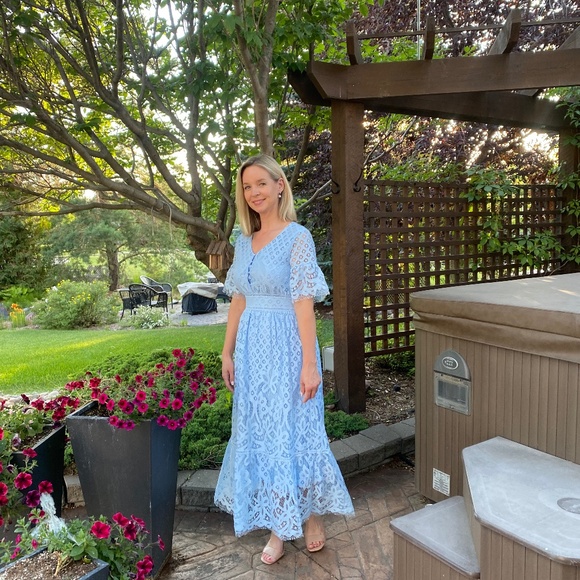 Blue Short Sleeve Buttons Embroidery Lace Midi Dress - Picture 1 of 2